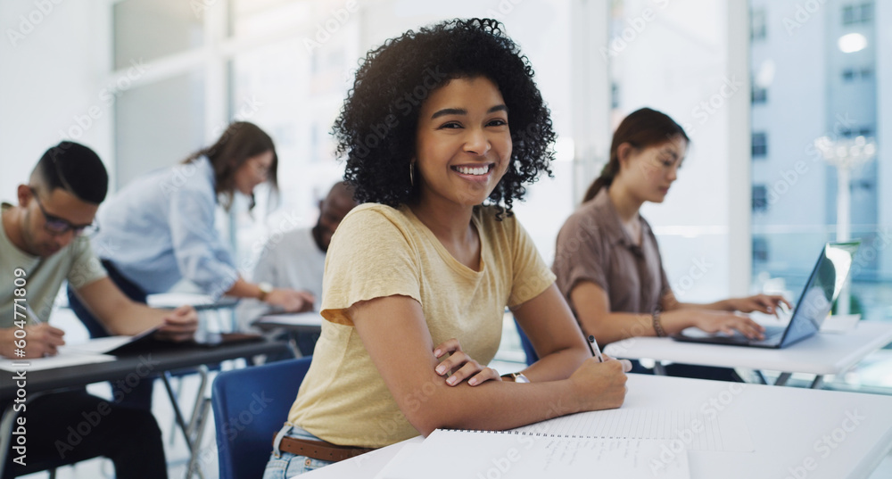 Poster education, portrait and girl university student in classroom for business management lecture or stud