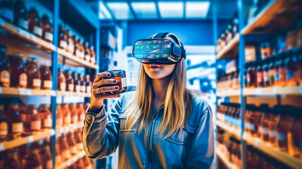 person wearing vr glass,virtual reality headsets and using virtual assistant or panel interface hologram transparent for shopping product.technology development.generative ai technology