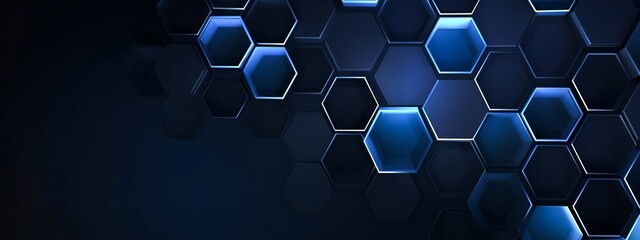 Abstract futuristic digital geometric technology hexagon background banner illustration - Dark blue glowing hexagonal 3d shape texture (Generative Ai)