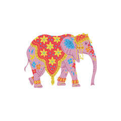Indian or Thai elephant decorated and covered with blanket, vector isolated.