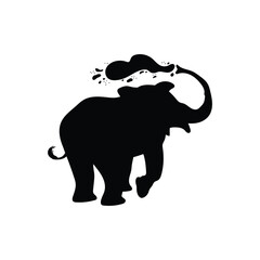 Black silhouette of elephant watering itself with water from trunk flat style