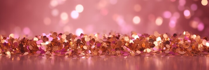 Pink rose and gold abstract glitter bokeh background. Holiday texture confetti celebration wallpaper. 