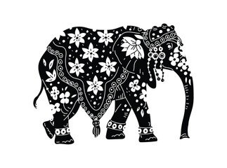 Festively decorated Indian or Thai elephant, black and white vector isolated.