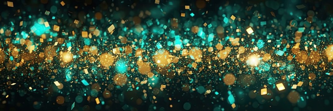 Teal green and gold abstract glitter bokeh background. Holiday texture confetti celebration wallpaper. 