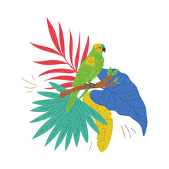 Parrot bird with tropical palm leaves flat vector illustration isolated.