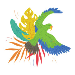 Parrot with green feathers among tropical plants leaves, flat vector isolated.