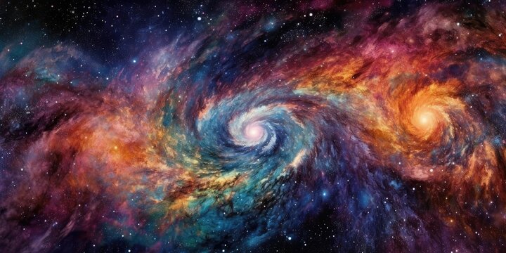 Abstract colorful vortex background. Swirling cosmos galaxy universe. Rainbow painting in space.
