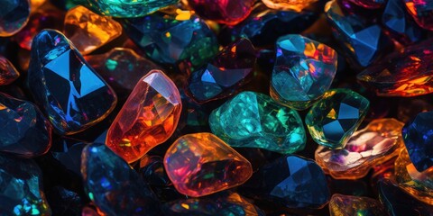 Abstract opal gemstone background. Rainbow colorful fire opals. Closeup luxury crystal texture wallpaper