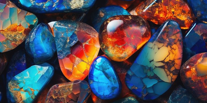 Abstract opal gemstone background. Rainbow colorful fire opals. Closeup luxury crystal texture wallpaper