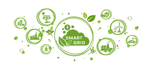 Smart grid network and grid management power supply and renewable resources infographic with relate icons set, vector illustration. flat design template. 