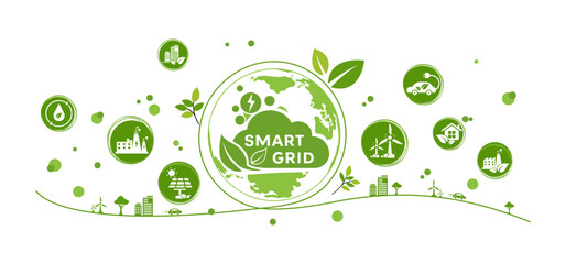 Smart grid network and grid management power supply and renewable resources infographic with relate icons set, vector illustration. flat design template. 