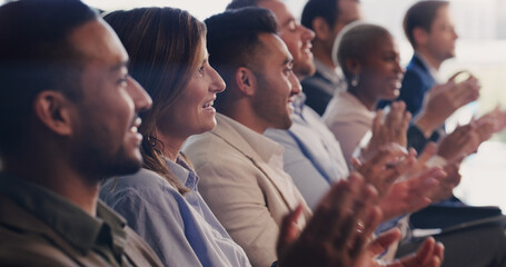 Audience, clapping hands and business people at a conference, seminar or training workshop....