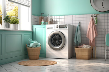 Clothes washing machine in laundry room interior.AI Generative