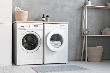 Clothes washing machine in laundry room interior.AI Generative