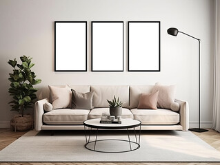 framed template of artwork triptych, three blank canvas, blank mockup, generative ai