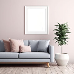pastel colored living room with framed template of artwork, blank mockup, generative ai