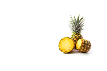 Fresh ripe whole and sliced pineapples isolated on white background with copy space. Created with Generative AI Technology