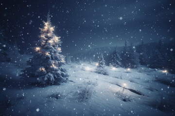 Christmas tree in the snow, with lights in a snowy landscape Generative AI