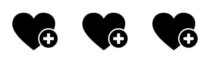 Obraz premium Favorite icon with plus flat vector signs. Favorite symbols set