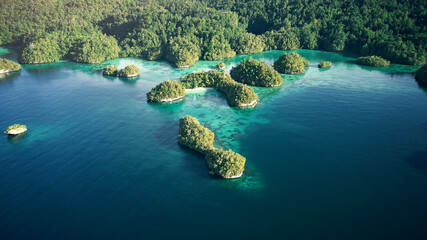 Top view, water and island for freedom, travel and exploring, holiday or destination. Above, nature and tropical paradise with scenic views, plants and beauty for explore, traveling or Indonesia trip © Armand Burger/peopleimages.com