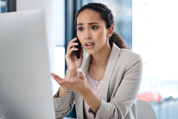 Stress, business call and woman with computer scam and email in a office with conversation. Spam, African female person and anxiety of a employee talking on a web help communication at a company