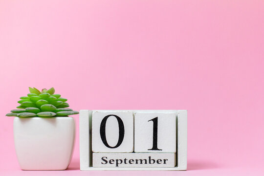 September 1 in a wooden calendar on a table or shelf.Back to school .Calendar for September. Autumn.