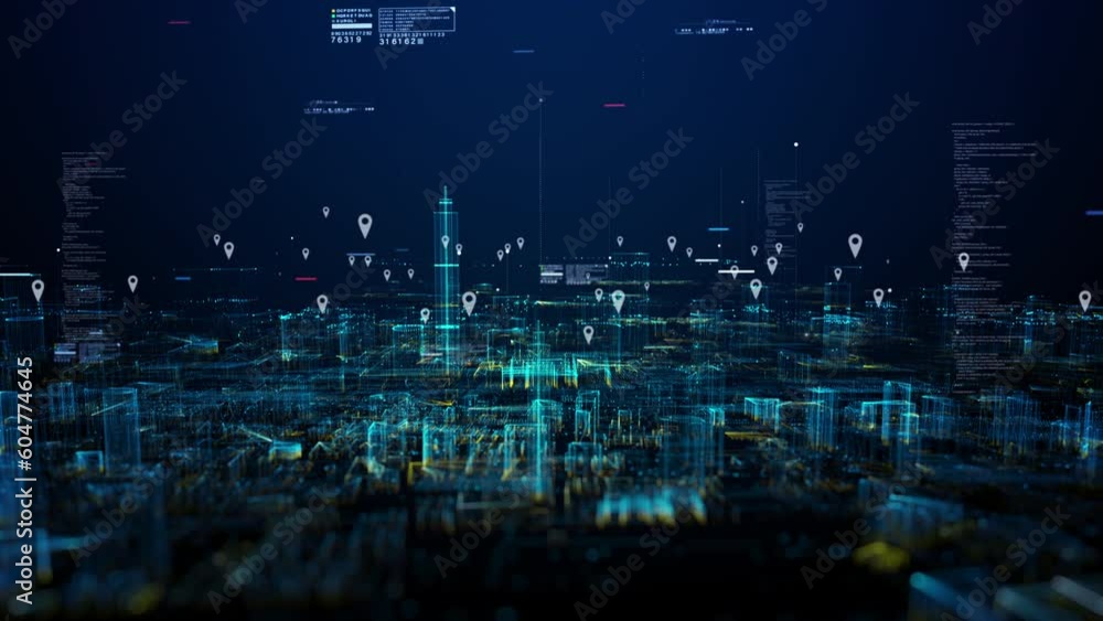 Poster technology digital data network connection, cityscape location icons of gps navigation, high speed i