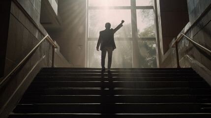 Silhouette of businessman celebrating raising arms on the top stairs with over sunlight.concept of leadership successful achievement with goal,winner,success,growth,achieve,up,win and objective target