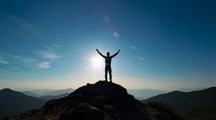 Silhouette of businessman celebrating raising arms on the top of mountain with over blue sky and sunlight.concept of leadership successful achievement with goal,growth,up,win and objective target