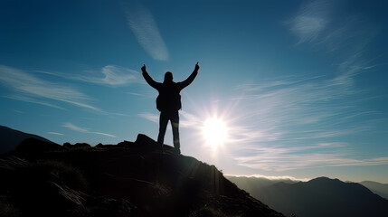Silhouette of businessman celebrating raising arms on the top of mountain with over blue sky and sunlight.concept of leadership successful achievement with goal,growth,up,win and objective target