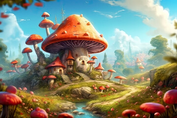 Fototapeta na wymiar fantastic wonderland landscape with mushrooms, beautiful old castle.AI Generative