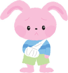 骨折して腕に包帯を巻いているうさぎの男の子イラスト