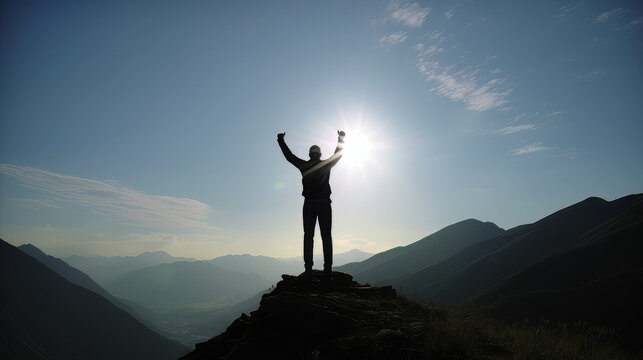 Silhouette of businessman celebrating raising arms on the top of mountain with over blue sky and sunlight.concept of leadership successful achievement with goal,growth,up,win and objective target