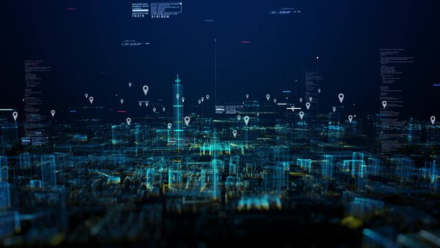 Technology digital data network connection, Cityscape location icons of GPS navigation, High speed internet connection and big data analysis, Background motion 4k