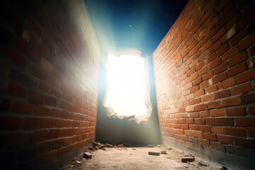 Old  brick walled room with a broken out window to the outside, hope and breakthrough concept, Generative AI
