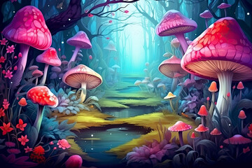 fantastic wonderland landscape with mushrooms, beautiful old castle.AI Generative