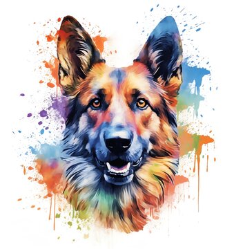 A watercolor painting of a german shepherd with a colorful background.