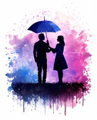 A watercolor painting of a couple under an umbrella