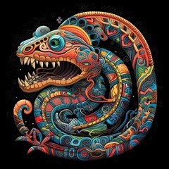 A colorful illustration of a snake with a big mouth and a big smile on the face.