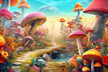 fantastic wonderland landscape with mushrooms, beautiful old castle.AI Generative