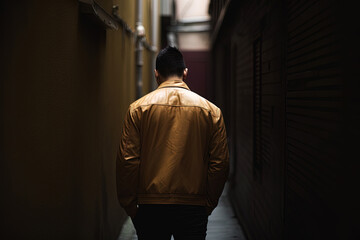back view of a man walking down a narrow alleyway