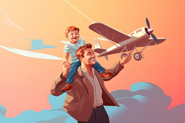 Father and his son playing together as plane.AI Generative