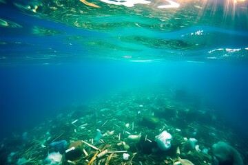 Fototapeta na wymiar Plastic pollution in ocean. Environmental pollution. Generative Ai