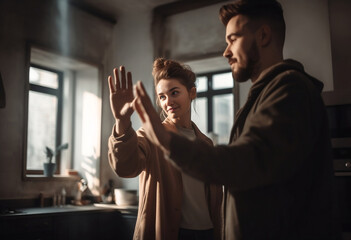 young husband and wife standing in kitchen holding hands up, generative ai