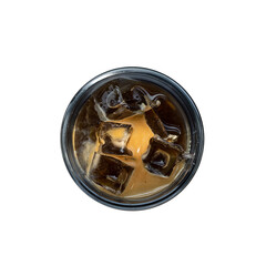Cola with ice cubes in a glass isolated on white background, top view
