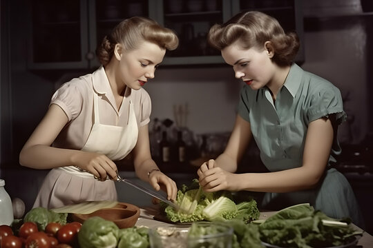 two women are preparing food together in the kitchen in 1950's style, generative ai