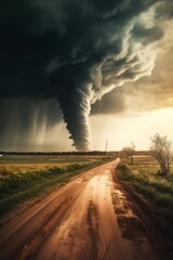 Obraz na płótnie Canvas Powerful Tornado On Road In Stormy Landscape - Generative AI