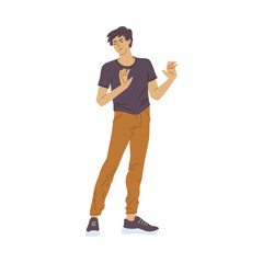 Young man squints and turns away flat style, vector illustration