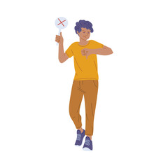 Disgruntled man showing thumbs down, refuse gesture flat style