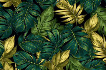 Luxury Seamless pattern with gold and green tropical leaves. vector illustration. summer background.AI Generative